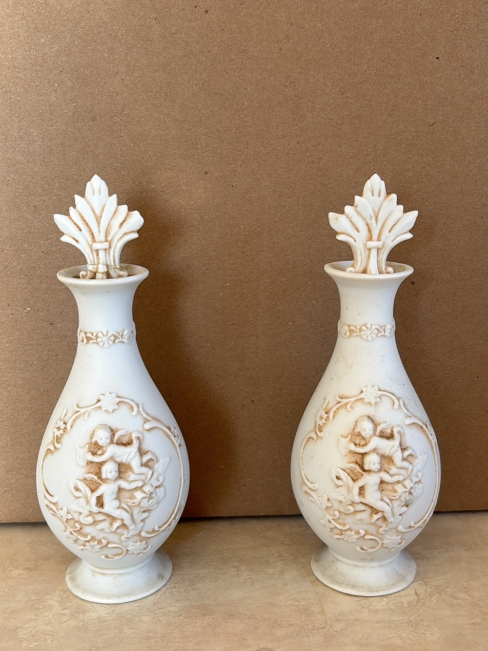 Lefton White Bisque Cherub Perfume Vases with Ornate Finials